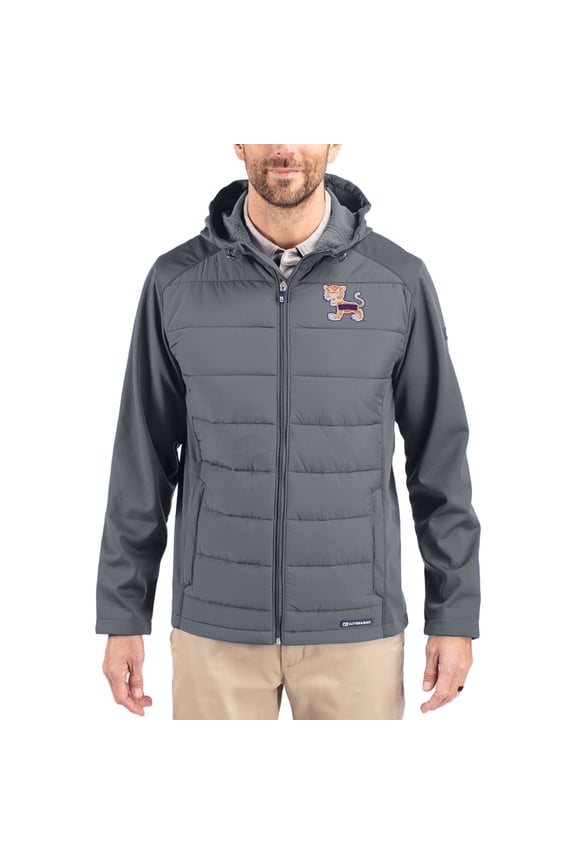 Men's Cutter & Buck Gray Clemson Tigers Evoke Hybrid Eco Softshell Recycled Full Zip Hooded Jacket