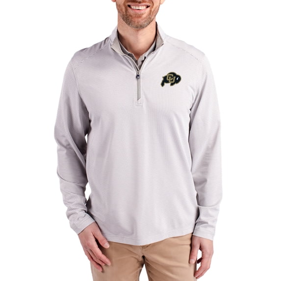 Men's-Cutter & Buck Gray Colorado Buffaloes Virtue Micro Stripe DryTec Quarter-Zip Pullover
