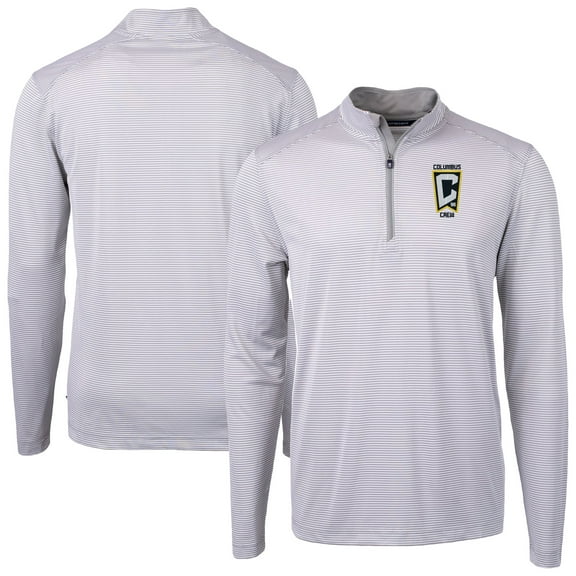 Men's-Cutter & Buck Gray Columbus Crew Virtue Eco Pique Micro Stripe Recycled Quarter-Zip Pullover Top