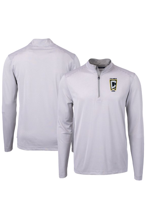 Men's-Cutter & Buck Gray Columbus Crew Virtue Eco Pique Micro Stripe Recycled Quarter-Zip Pullover Top