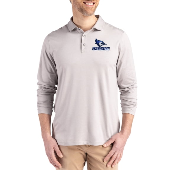 Men's Cutter & Buck Gray Creighton Bluejays Primary Coastline Epic Comfort Long-Sleeve Polo