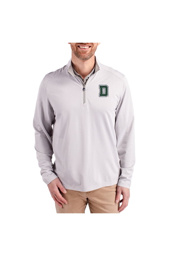 Men's-Cutter & Buck Gray Dartmouth Big Green Virtue Micro Stripe DryTec Quarter-Zip Pullover
