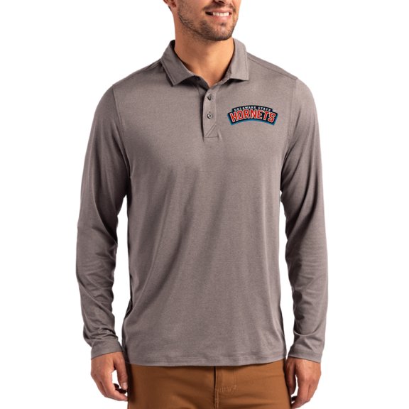 Men's Cutter & Buck Gray Delaware State Hornets Primary Coastline Epic Comfort Long-Sleeve Polo