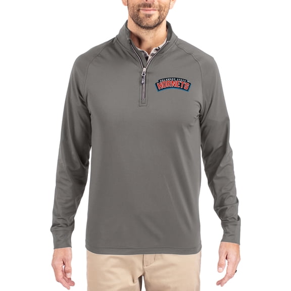 Men's Cutter & Buck Gray Delaware State Hornets Primary Logo Adapt Eco Knit Stretch Raglan Quarter-Zip Pullover