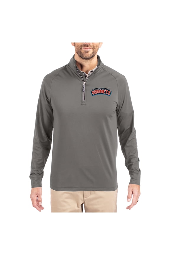 Men's Cutter & Buck Gray Delaware State Hornets Primary Logo Adapt Eco Knit Stretch Raglan Quarter-Zip Pullover