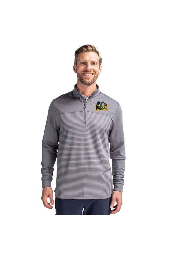 Men's-Cutter & Buck  Gray Drexel Dragons Traverse Stretch Eco Stripe DryTec Tri-Blend Quarter-Zip Pullover