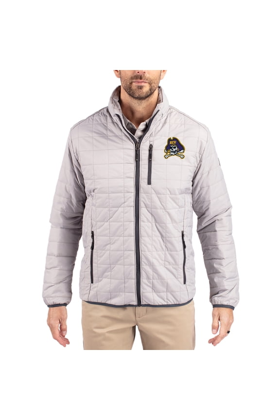 Men's-Cutter & Buck Gray ECU Pirates Rainier Eco Insulated PrimaLoft Full-Zip Puffer Jacket