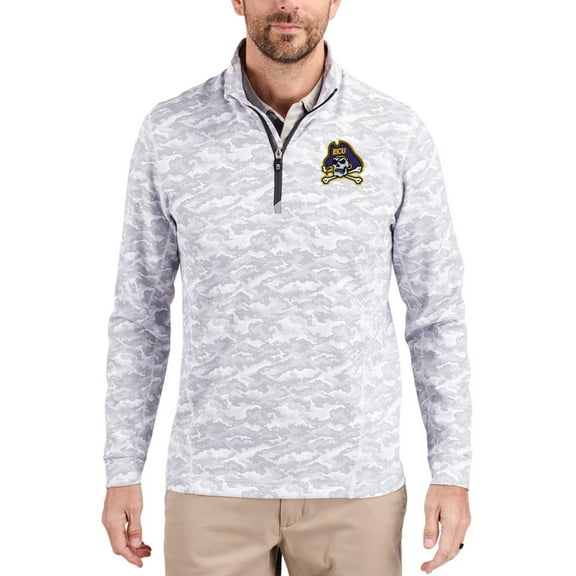 Men's-Cutter & Buck Gray ECU Pirates Traverse Stretch Eco Camo DryTec Tri-Blend Quarter-Zip Pullover