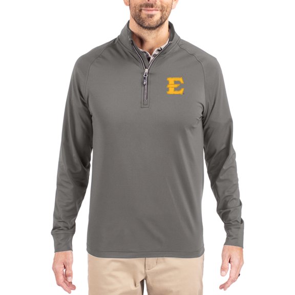 Men's Cutter & Buck Gray ETSU Buccaneers Primary Logo Adapt Eco Knit Stretch Raglan Quarter-Zip Pullover