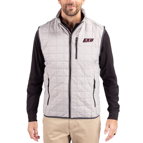 Men's-Cutter & Buck  Gray Eastern Kentucky Colonels Rainier Eco Insulated PrimaLoft Full-Zip Puffer Vest