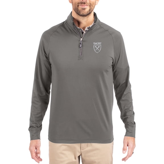 Men's Cutter & Buck Gray Emory Eagles Primary Logo Adapt Eco Knit Stretch Raglan Quarter-Zip Pullover