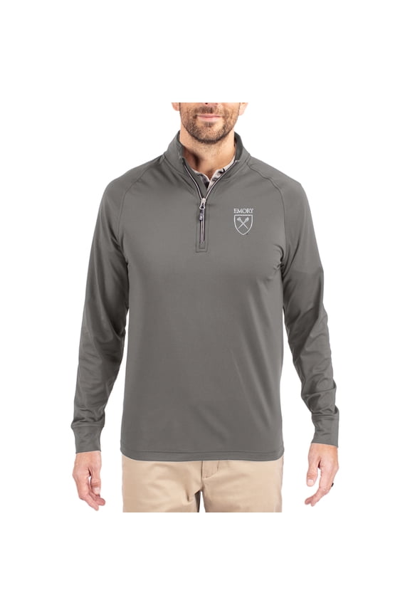 Men's Cutter & Buck Gray Emory Eagles Primary Logo Adapt Eco Knit Stretch Raglan Quarter-Zip Pullover