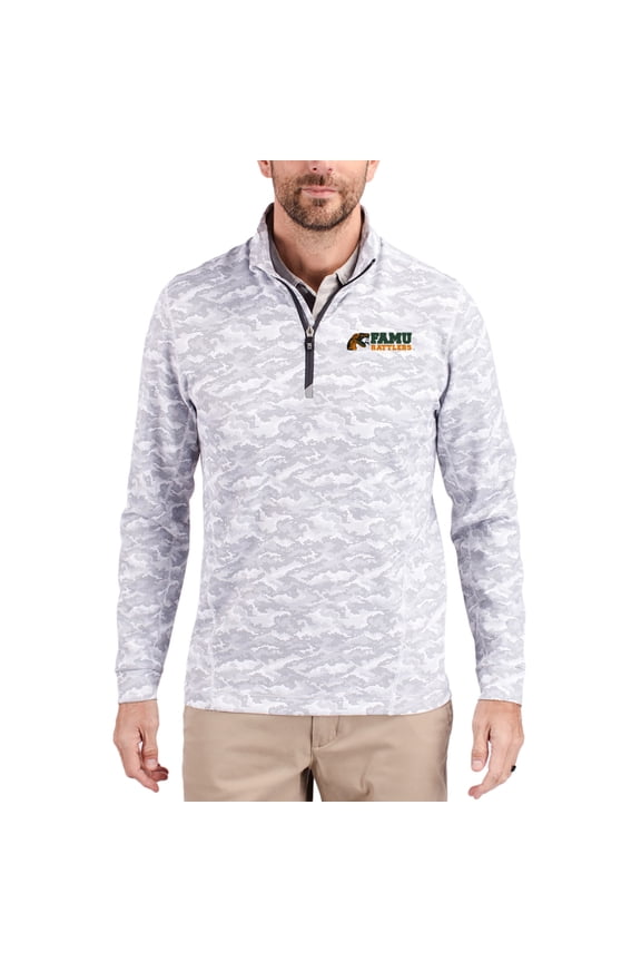 Men's-Cutter & Buck  Gray Florida A&M Rattlers Traverse Stretch Eco Camo DryTec Tri-Blend Quarter-Zip Pullover