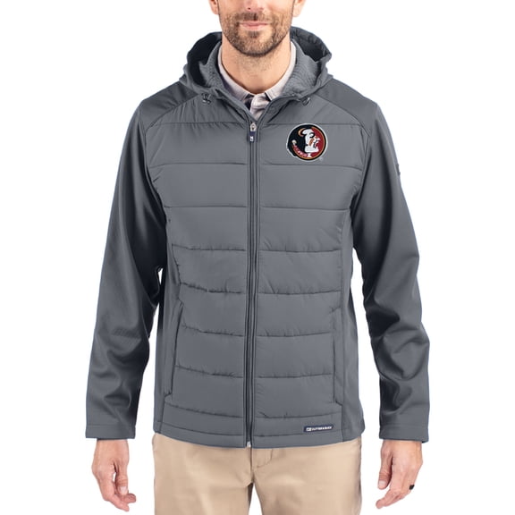 Men's Cutter & Buck Gray Florida State Seminoles Evoke Hybrid Eco Softshell Recycled Full Zip Hooded Jacket