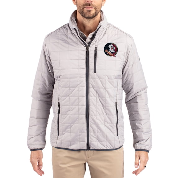 Men's-Cutter & Buck Gray Florida State Seminoles Rainier Eco Insulated PrimaLoft Full-Zip Puffer Jacket