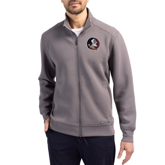 Men's-Cutter & Buck Gray Florida State Seminoles Roam Eco Recycled Full-Zip Jacket