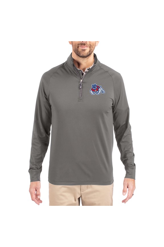 Men's Cutter & Buck Gray Fresno State Bulldogs Primary Logo Adapt Eco Knit Stretch Raglan Quarter-Zip Pullover