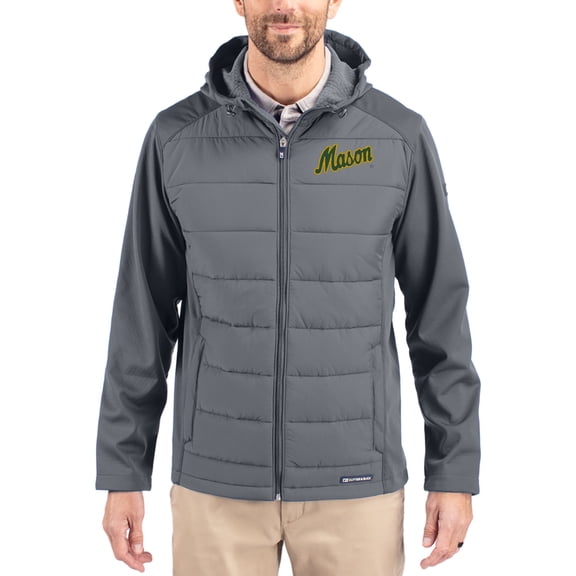 Men's Cutter & Buck Gray George Mason Patriots Evoke Hybrid Eco Softshell Recycled Full Zip Hooded Jacket