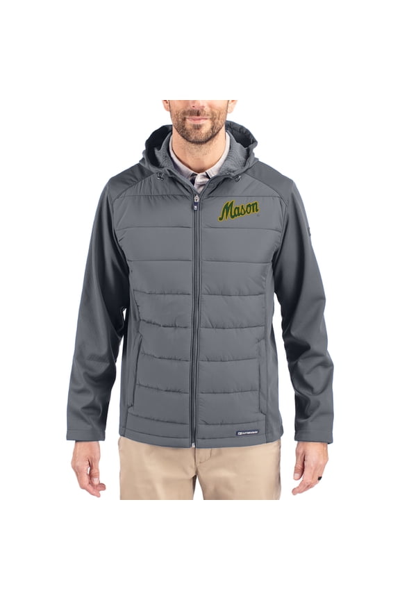 Men's Cutter & Buck Gray George Mason Patriots Evoke Hybrid Eco Softshell Recycled Full Zip Hooded Jacket