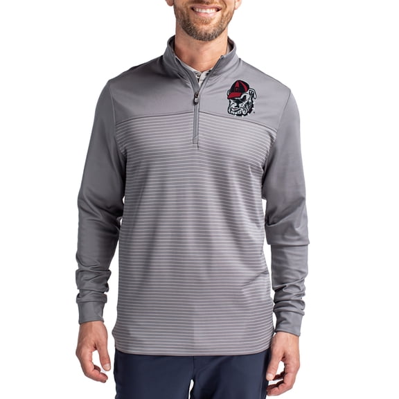 Men's-Cutter & Buck  Gray Georgia Bulldogs Traverse Stretch Eco Stripe DryTec Tri-Blend Quarter-Zip Pullover