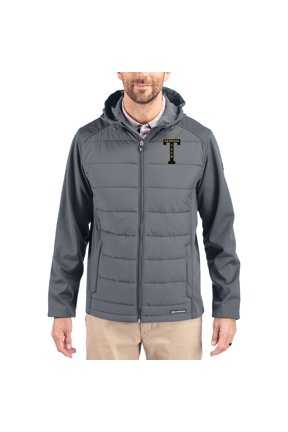 Men's Cutter & Buck Gray Georgia Tech Yellow Jackets Evoke Hybrid Eco Softshell Recycled Full Zip Hooded Jacket