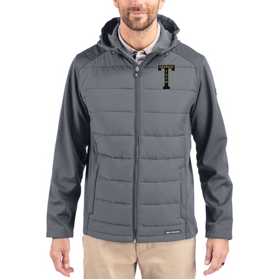 Men's Cutter & Buck Gray Georgia Tech Yellow Jackets Evoke Hybrid Eco Softshell Recycled Full Zip Hooded Jacket