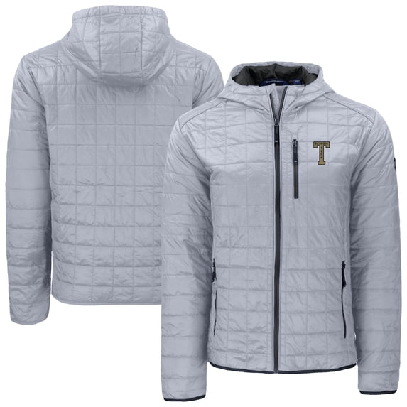Men's-Cutter & Buck Gray Georgia Tech Yellow Jackets Rainier Eco PrimaLoft Hooded Full-Zip Jacket