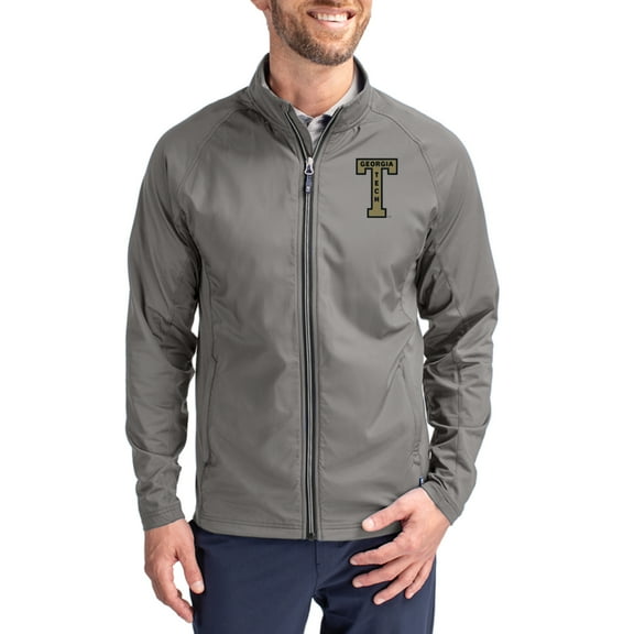 Men's Cutter & Buck Gray Georgia Tech Yellow Jackets Vault Logo Adapt Eco Knit Raglan Full-Zip Jacket