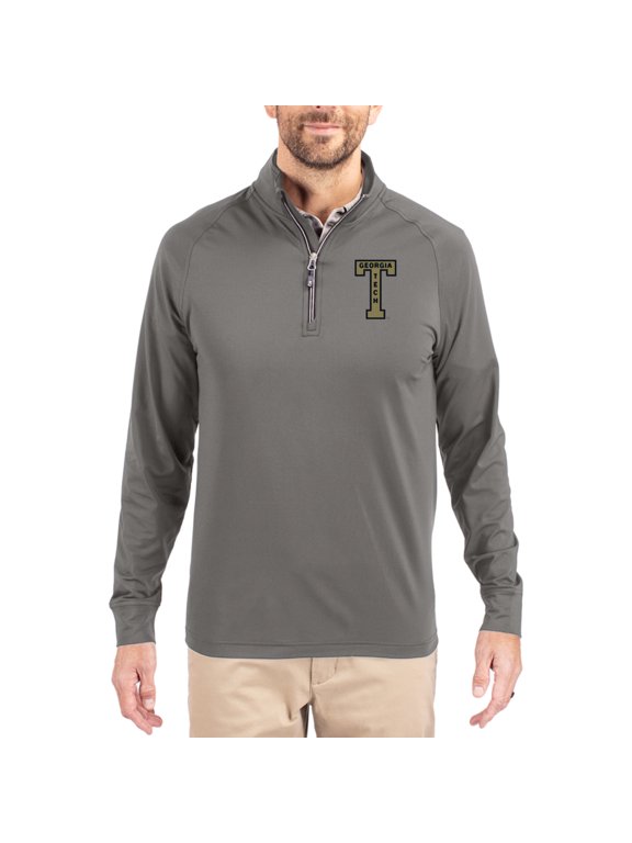 Men's Cutter & Buck Gray Georgia Tech Yellow Jackets Vault Logo Adapt Eco Knit Stretch Raglan Quarter-Zip Pullover