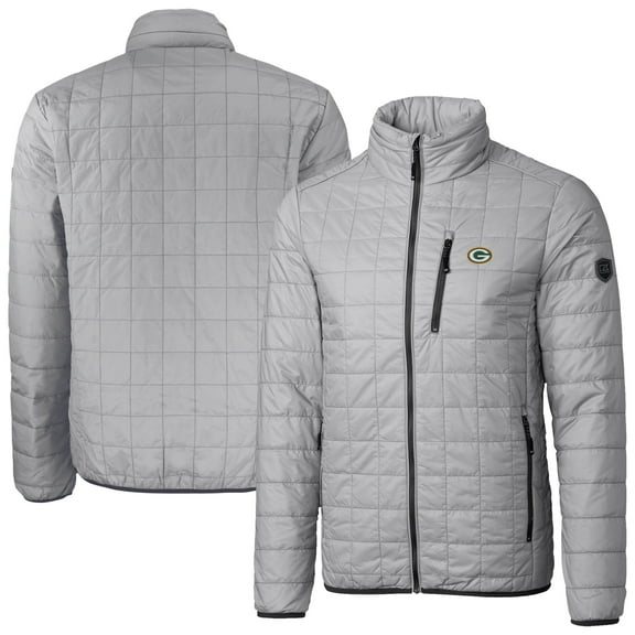 Men's Cutter & Buck Gray Green Bay Packers Rainier PrimaLoft Eco Insulated Full-Zip Puffer Jacket