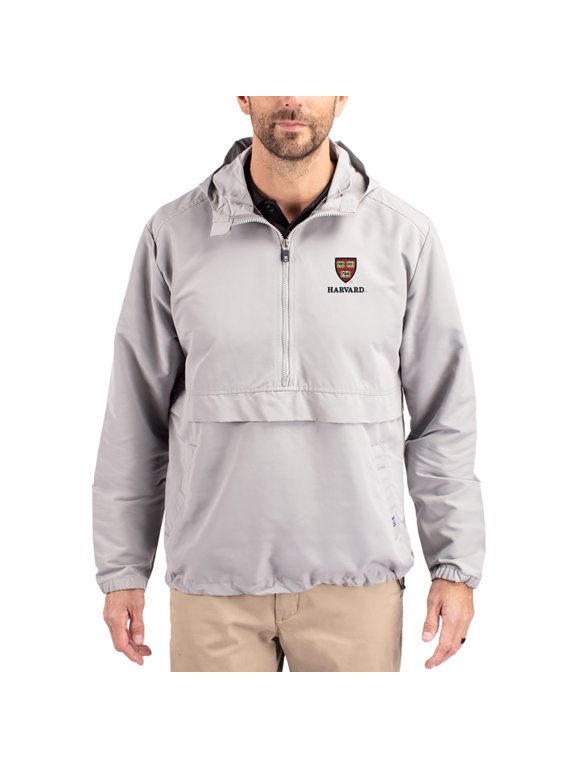 Men's Cutter & Buck Gray Harvard Crimson Charter Eco Recycled Half-Zip Anorak Jacket
