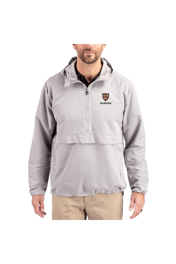 Men's Cutter & Buck Gray Harvard Crimson Charter Eco Recycled Half-Zip Anorak Jacket