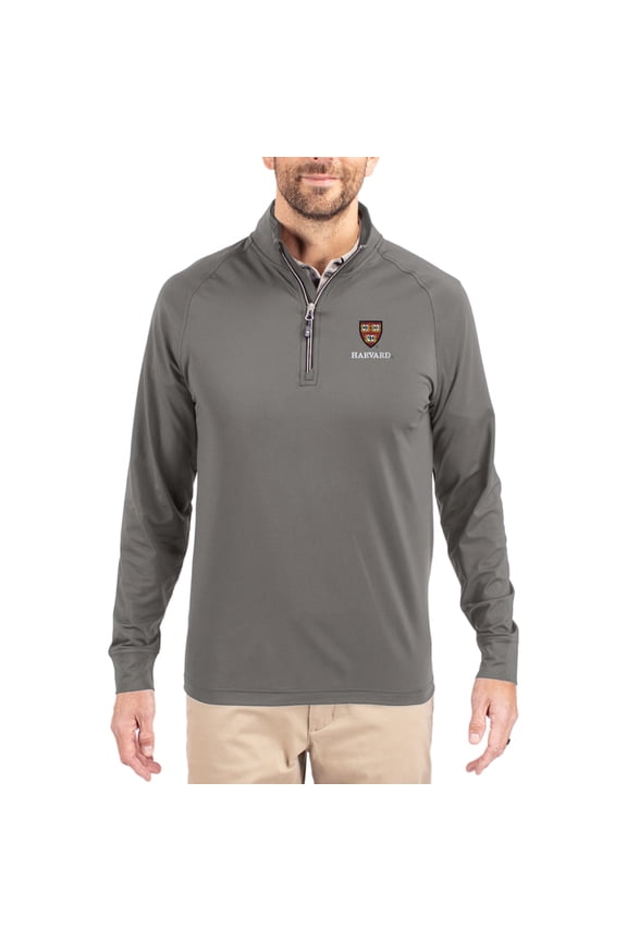 Men's Cutter & Buck Gray Harvard Crimson Primary Logo Adapt Eco Knit Stretch Raglan Quarter-Zip Pullover