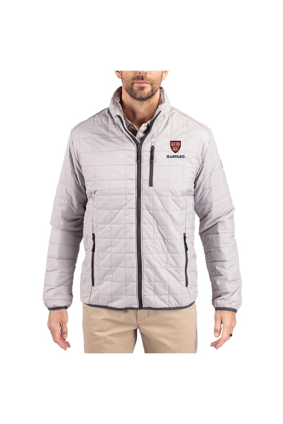 Men's-Cutter & Buck Gray Harvard Crimson Rainier Eco Insulated PrimaLoft Full-Zip Puffer Jacket