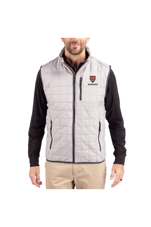 Men's-Cutter & Buck Gray Harvard Crimson Rainier Eco Insulated PrimaLoft Full-Zip Puffer Vest