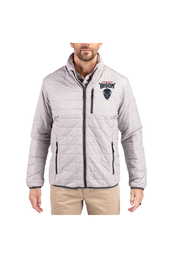 Men's-Cutter & Buck Gray Howard Bison Rainier Eco Insulated PrimaLoft Full-Zip Puffer Jacket