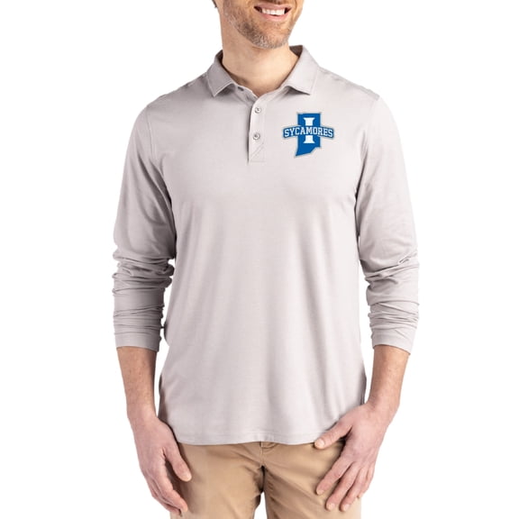Men's Cutter & Buck Gray Indiana State Sycamores Primary Coastline Epic Comfort Long-Sleeve Polo