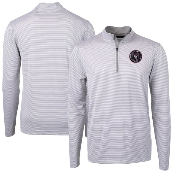 Men's Cutter & Buck Gray Inter Miami CF DryTec Virtue Eco Pique Micro Stripe Recycled Quarter-Zip Pullover Top
