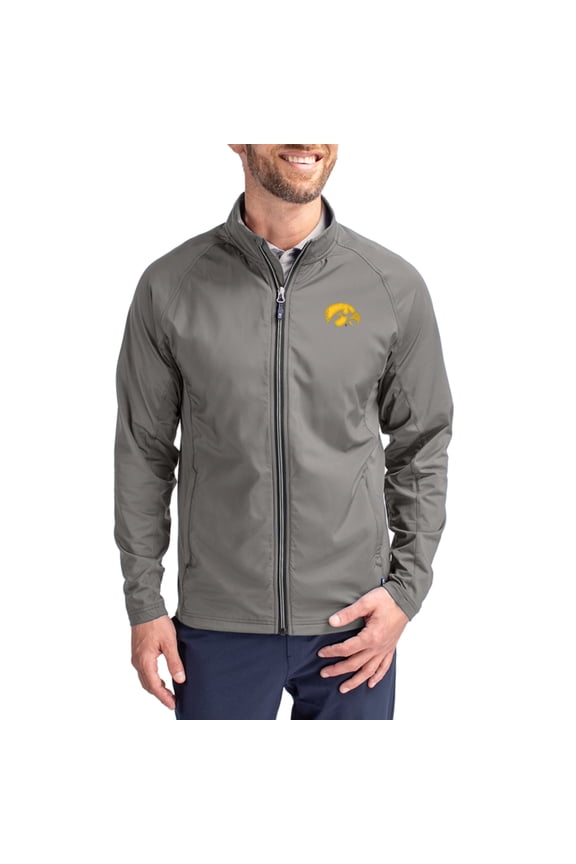 Men's Cutter & Buck Gray Iowa Hawkeyes Primary Logo Adapt Eco Knit Raglan Full-Zip Jacket