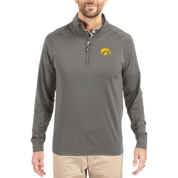 Men's Cutter & Buck Gray Iowa Hawkeyes Primary Logo Adapt Eco Knit Stretch Raglan Quarter-Zip Pullover