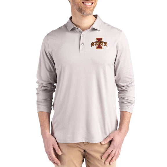 Men's Cutter & Buck Gray Iowa State Cyclones Primary Coastline Epic Comfort Long-Sleeve Polo