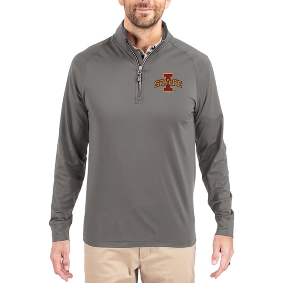 Men's Cutter & Buck Gray Iowa State Cyclones Primary Logo Adapt Eco Knit Stretch Raglan Quarter-Zip Pullover