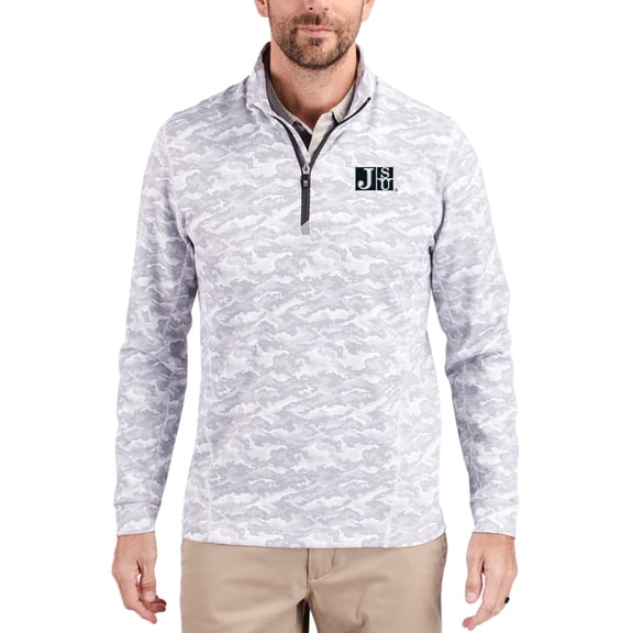 Men's-Cutter & Buck  Gray Jackson State Tigers Traverse Stretch Eco Camo DryTec Tri-Blend Quarter-Zip Pullover