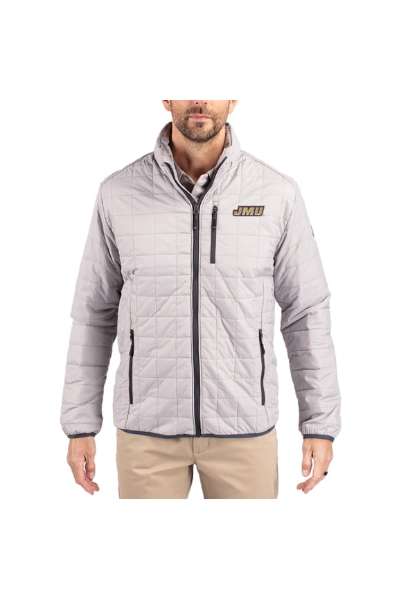 Men's-Cutter & Buck Gray James Madison Dukes Rainier Eco Insulated PrimaLoft Full-Zip Puffer Jacket