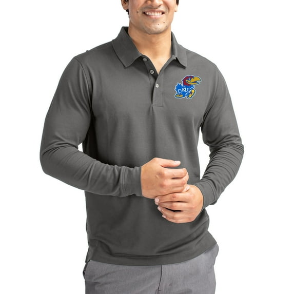 Men's Cutter & Buck Gray Kansas Jayhawks Advantage Eco Tri-Blend Pique Long Sleeve Polo