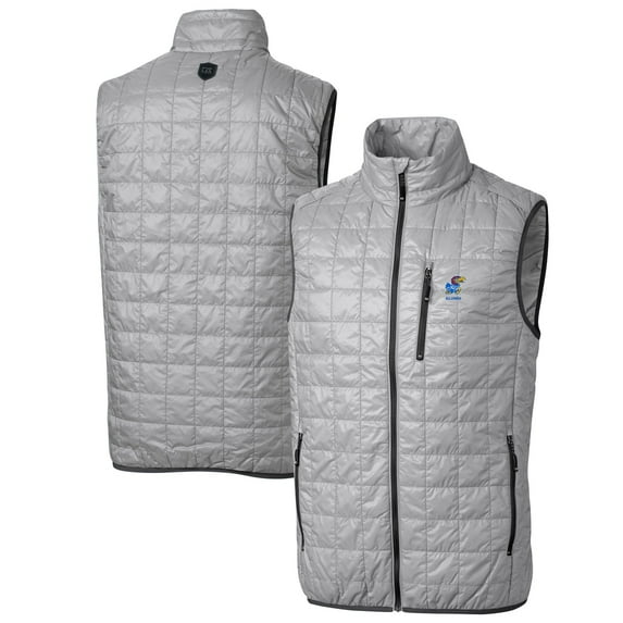 Men's Cutter & Buck Gray Kansas Jayhawks Alumni Logo Rainier PrimaLoft Eco Insulated Full-Zip Puffer Vest