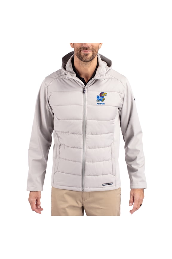 Men's Cutter & Buck Gray Kansas Jayhawks Evoke Hybrid Eco Softshell Recycled Full Zip Hooded Jacket