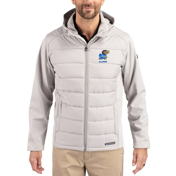 Men's Cutter & Buck Gray Kansas Jayhawks Evoke Hybrid Eco Softshell Recycled Full Zip Hooded Jacket