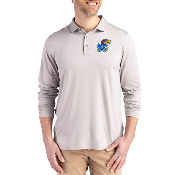 Men's Cutter & Buck Gray Kansas Jayhawks Primary Coastline Epic Comfort Long-Sleeve Polo