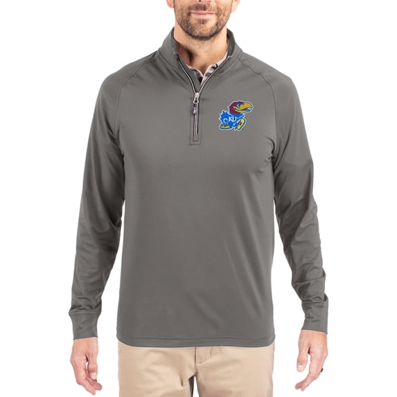 Men's Cutter & Buck Gray Kansas Jayhawks Primary Logo Adapt Eco Knit Stretch Raglan Quarter-Zip Pullover
